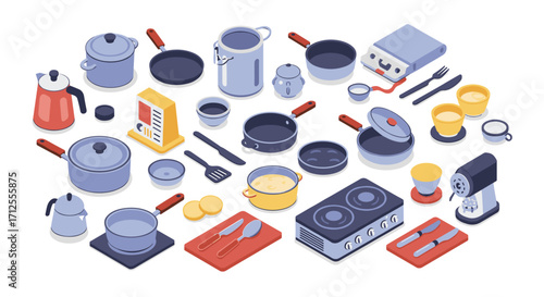 Modern isometric kitchenware collection with utensils and appliances