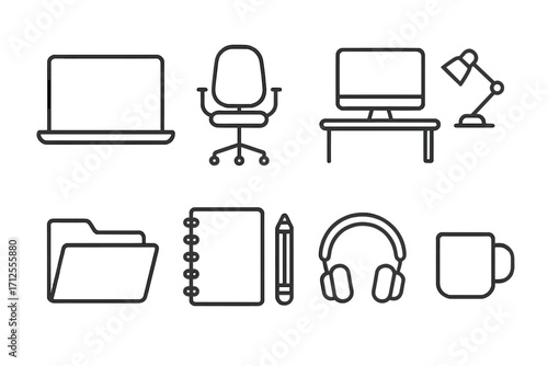 Home office icon set for remote work. Business essentials line art. Thin outline vector illustration. Freelancer workplace elements. Minimalist graphic signs collection.