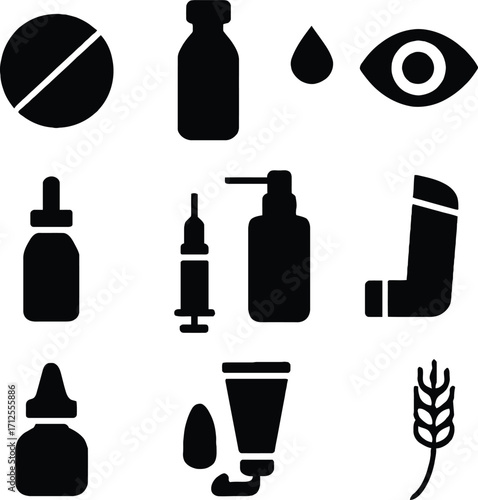 Medical Icon Set Vector Featuring Pill, Syringe, Dropper, Inhaler, Eye Care, Nasal Spray, Cream Tube, and Health Symbols