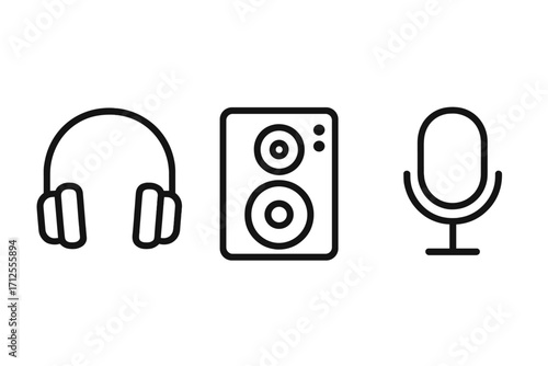 Music icons set. Minimalist outline vector symbols for audio player, app interface. Headphones, speaker, microphone for podcasting, studio, sound recording, streaming.