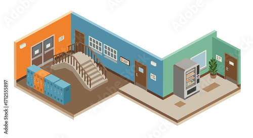 Isometric school hallway with lockers, stairs, and vending machine