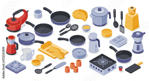 Isometric kitchenware collection featuring modern cookware and utensils