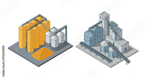 Isometric grain storage facility with silos and industrial equipment