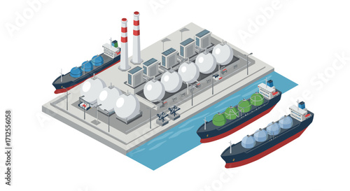 Isometric lng terminal with cargo ships in industrial harbor scene