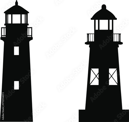 Black lighthouse silhouette isolated on transparent background. Lighthouse geometric architectural coastal landscape