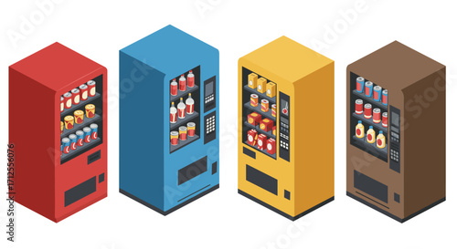 Isometric vending machines collection with colorful snack and drink options