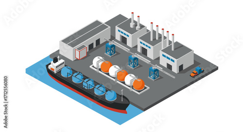 Isometric industrial dock with cargo ship and factory warehouses
