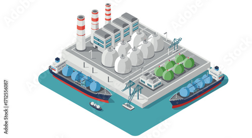 Isometric port with cargo ships and industrial facility in harbor scene