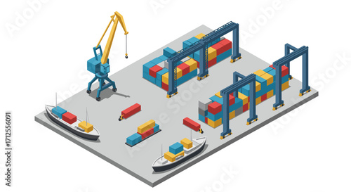 Modern isometric cargo port with shipping containers and cranes