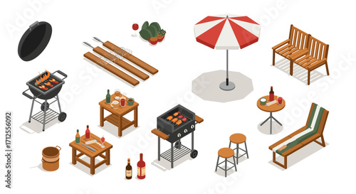 Isometric outdoor barbecue set with grills, furniture, and accessories