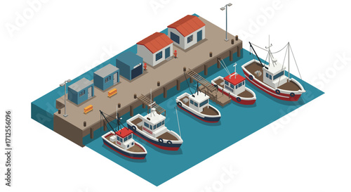 Isometric port scene with fishing boats and dockside buildings