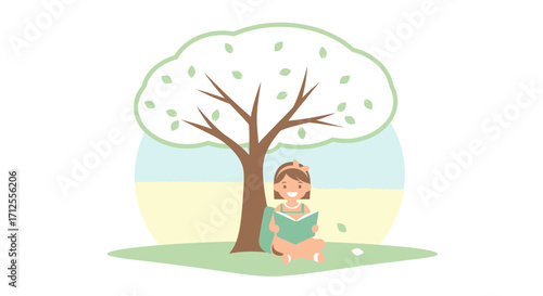 Girl Reading Under a Tree in a Peaceful Park with Illustrations and Graphic Art Style