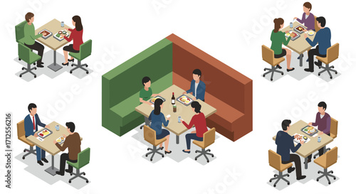 Isometric office dining scenes with colleagues sharing meals