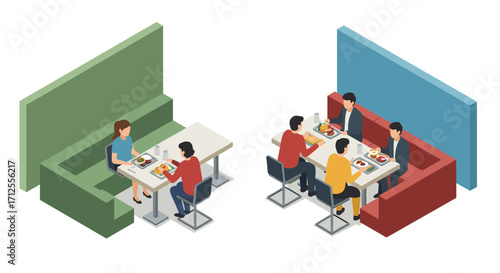 Isometric cafe dining scene with diverse groups in modern booths