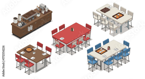 Isometric cafe interior with modern furnishings and dining setup