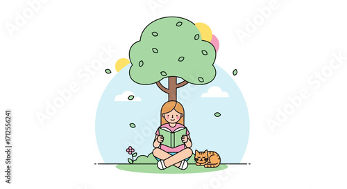 Girl Reading Under A Tree With A Cat Relaxing In The Green Nature Environment Scene