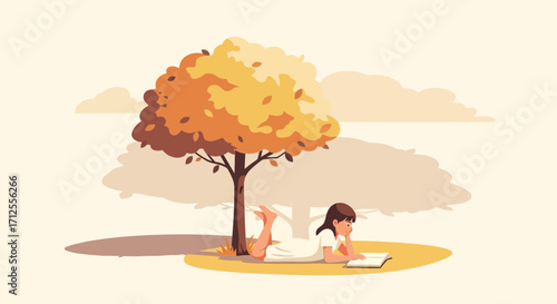 Girl Reading Under Autumn Tree Illustration, Leisure Time Of Outdoor Activity