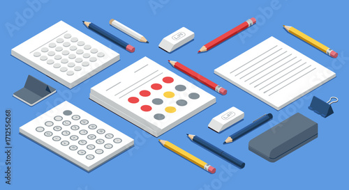 Isometric office supplies on blue background: notebooks, pencils, erasers and more
