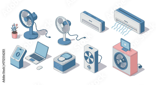 Isometric household appliances: fans, air conditioners, and more in blue-toned style