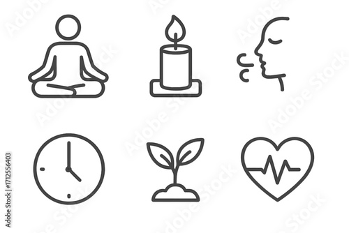 Wellness and self-care line icon set. Meditation, yoga, breathing exercise, relaxation, nature, and health concepts. Minimalist vector symbols for mental well-being.