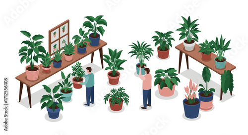 Isometric indoor garden scene with diverse potted plants and people nurturing nature