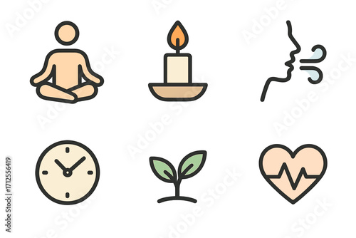 Wellness and meditation icon set. Minimalist vector symbols for mental health, yoga, breathing, nature, and self-care. Includes candle, clock, plant, and heartbeat icons.