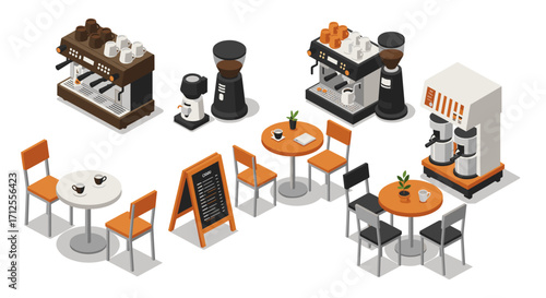Isometric coffee shop elements with tables, chairs, and equipment for cafes