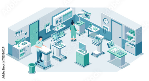 Modern isometric medical office with professionals and advanced equipment