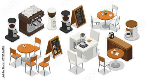 Cozy coffee shop elements with modern isometric style furniture and equipment