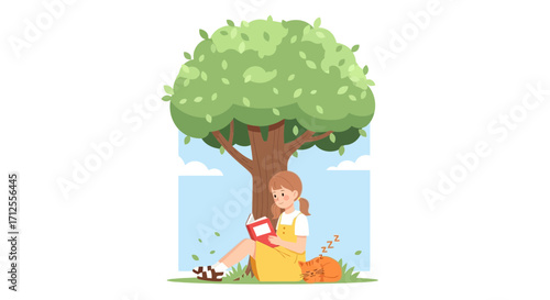 Girl Reading Under Tree With Cat, Peaceful Outdoor Scene In Summer, Relaxation concept