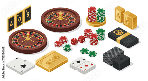Casino gaming elements with roulette, poker chips, and playing cards in isometric style
