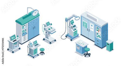 Modern hospital equipment in isometric style for healthcare and medical industry