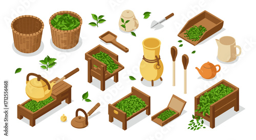 Isometric tea production elements with leaves and traditional tools on white background