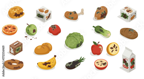 Isometric spoiled food items
