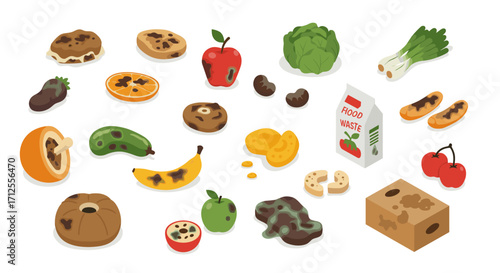 Colorful isometric depiction of spoiled food and leftovers for waste awareness