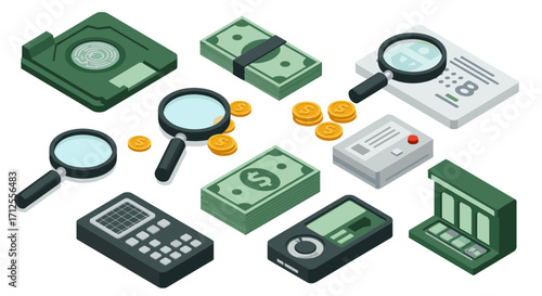 Isometric financial audit tools and currency symbols for business analysis