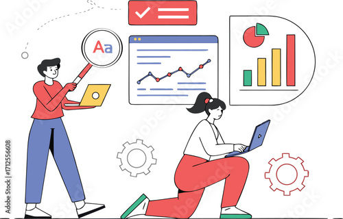 Vector art of two people are analyzing data and working on laptops