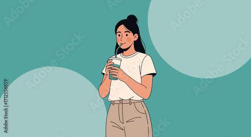 Girl Sipping Refreshing Drink On Abstract Background Of Soft Colors