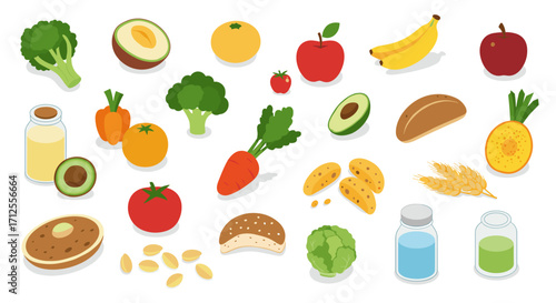 Colorful isometric assortment of healthy fruits, vegetables, bread, and drinks on white background