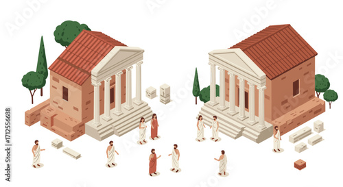 Ancient roman and greek architecture in isometric design scene