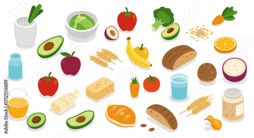Healthy diet essentials in colorful isometric design