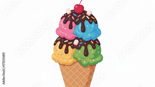 Delicious colorful ice cream cone with cherry on top vector illustration summer sweet treat dessert chocolate 100