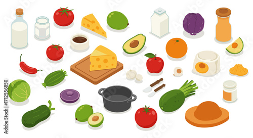 Colorful isometric collection of fresh fruits, vegetables, and dairy for culinary design