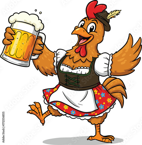 Funny cartoon chicken in dirndl dress holding beer mug, Oktoberfest mascot character, traditional German costume, humorous festive animal