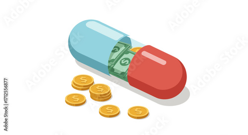 Isometric pill containing cash and coins representing pharmaceutical costs