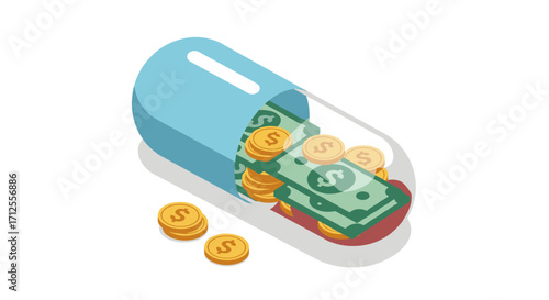 Isometric capsule filled with money and coins symbolizing financial investment in health