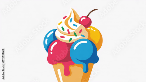 Colorful ice cream cone vector illustration with cherry and sprinkles dessert sweet treat summer food design