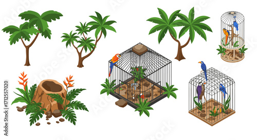 Isometric tropical birds and trees in cages with exotic flora elements