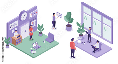 Isometric office scene with people interacting in modern workspace design