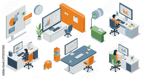 Modern office workspace isometric design with businesswomen working at desks